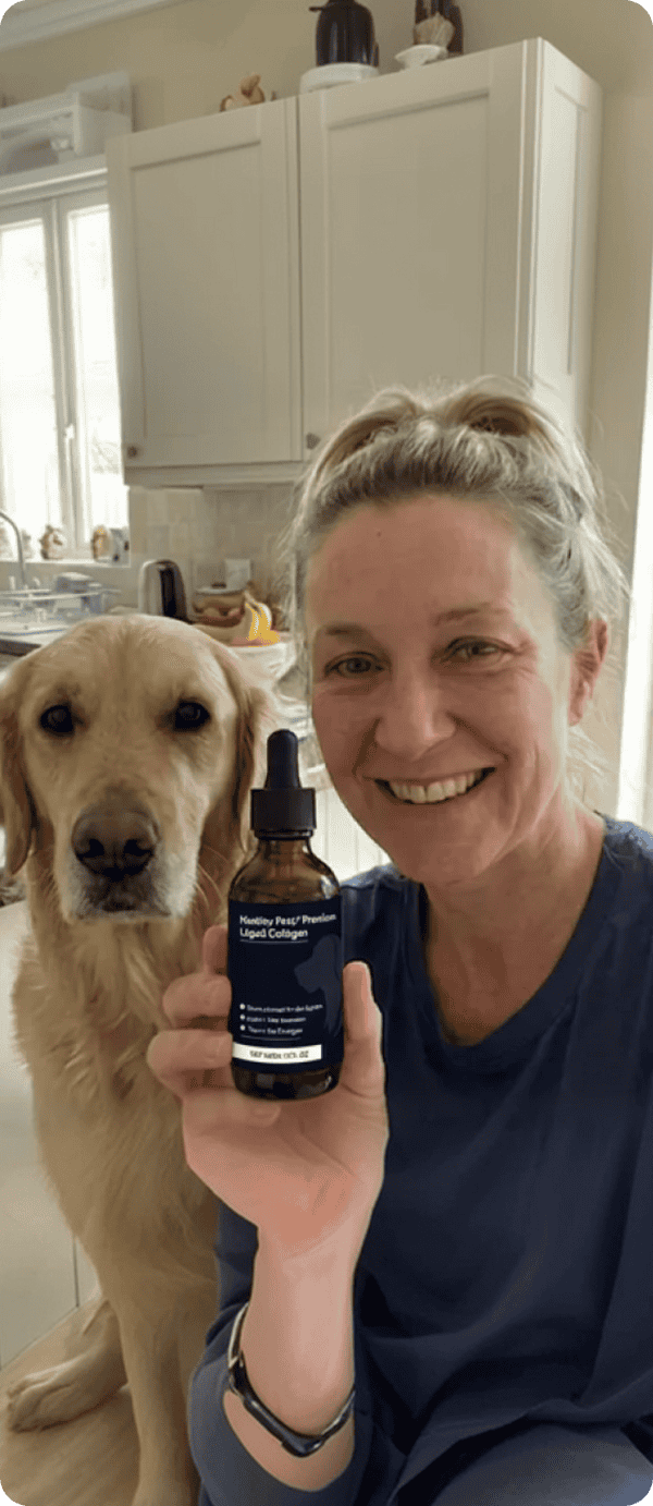 Lauren and her golden retriever with Healthy Petz collagen