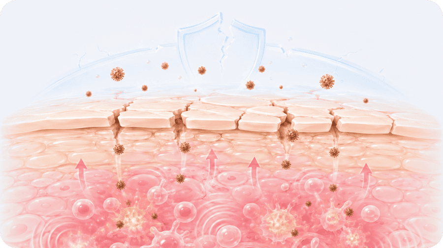 Diagram of a cracked skin barrier letting irritants in
